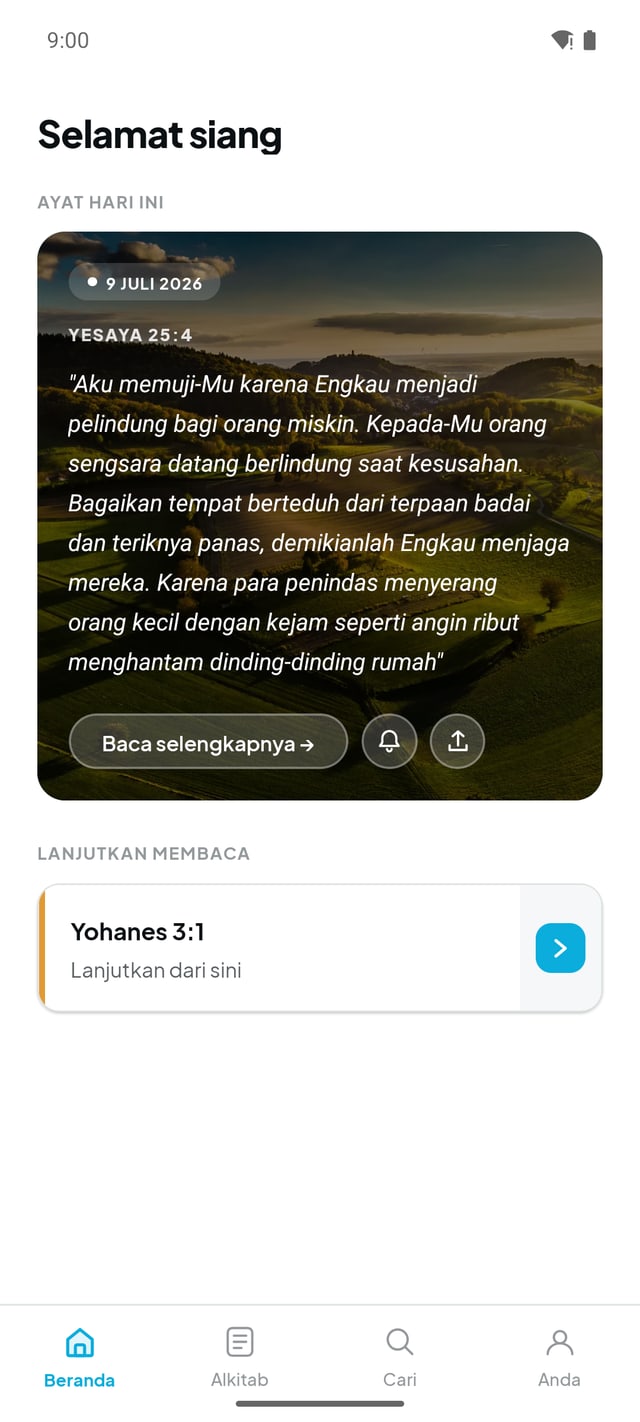 Pratinjau layar Beranda aplikasi Alkitab Indonesia